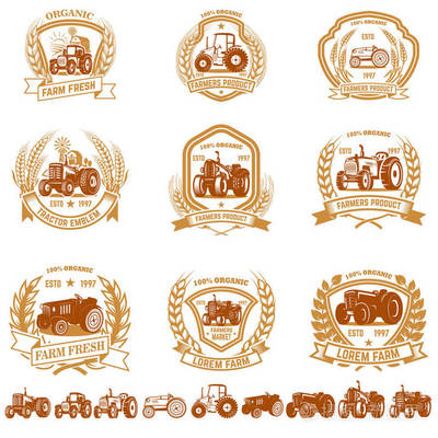 老式农民徽章与拖拉机的现代设计应用
